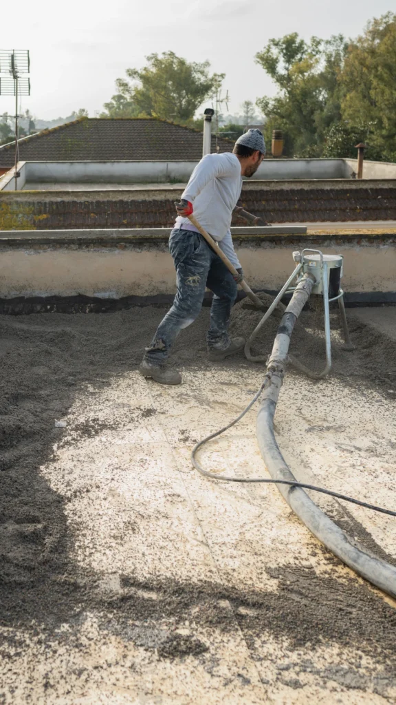 Operaio, di un'impresa edile specializzata nella posa di diversi tipi di massetto, a lavoro
