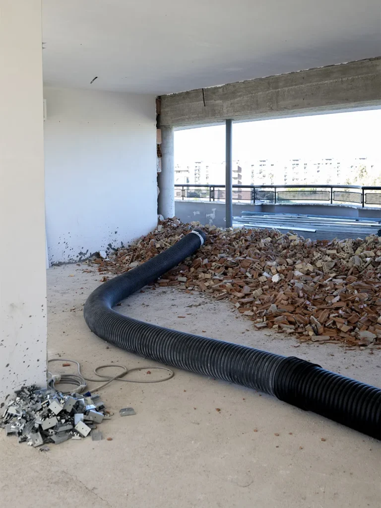 tubo per aspirazione macerie edili all'interno di un palazzo in ristrutturazione